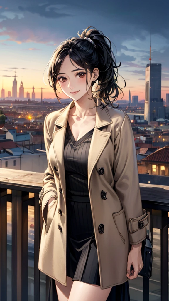 (masterpiece:1.3, Highest quality), (Realistic, photoRealistic:1.4), Beautiful illustrations, (Natural Side Lighting, Cinema Lighting), ,
View your viewers, 1 Girl, Japanese, 30 years old,Perfect Face, Cute and symmetrical face, Shiny skin,
(Side Ponytail, Black Hair), Brown eyes, Long eyelashes,
Beautiful Hair, Beautiful Face, Beautiful attention to detail, Beautiful clavicle, Beautiful body, Beautiful breasts, Large Breasts,Beautiful thighs, Beautiful feet, Beautiful fingers, Slim body、
Bordeaux sweater:1.3, ((Bordeaux sweater, 開いた茶色のcoat)), coat, Black long skirt,
(Beautiful views), (night), (city, cityscape in the distance)、 Standing, A soft smile、(Smile, Lips parted),
