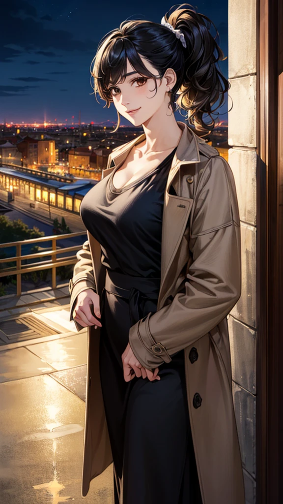 (masterpiece:1.3, Highest quality), (Realistic, photoRealistic:1.4), Beautiful illustrations, (Natural Side Lighting, Cinema Lighting), ,
View your viewers, 1 Girl, Japanese, 30 years old,Perfect Face, Cute and symmetrical face, Shiny skin,
(Side Ponytail, Black Hair), Brown eyes, Long eyelashes,
Beautiful Hair, Beautiful Face, Beautiful attention to detail, Beautiful clavicle, Beautiful body, Beautiful breasts, Large Breasts,Beautiful thighs, Beautiful feet, Beautiful fingers, Slim body、
Bordeaux sweater:1.3, ((Bordeaux sweater, 開いた茶色のcoat)), coat, Black long skirt,
(Beautiful views), (night), (city, cityscape in the distance)、 Standing, A soft smile、(Smile, Lips parted),
