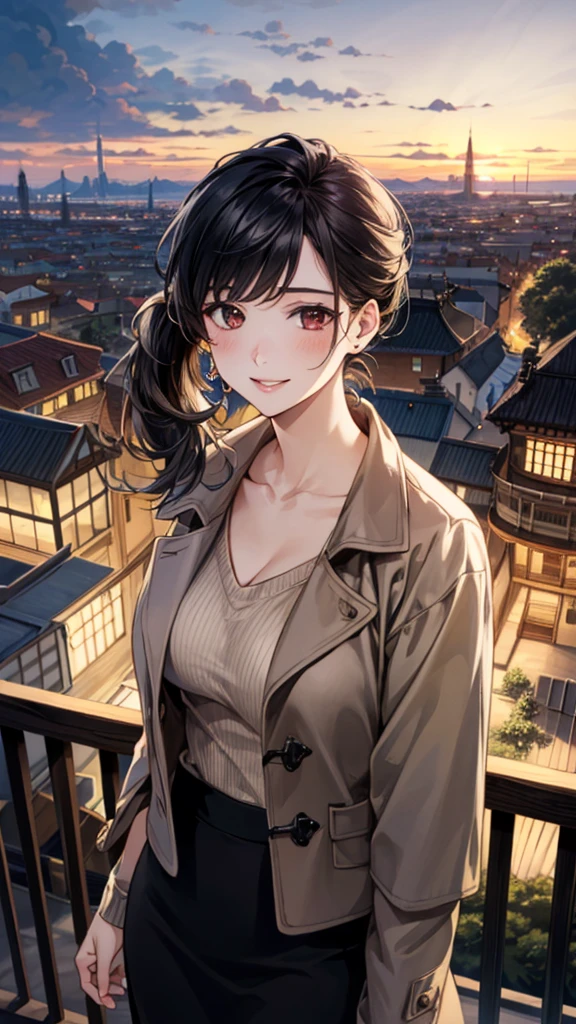 (masterpiece:1.3, Highest quality), (Realistic, photoRealistic:1.4), Beautiful illustrations, (Natural Side Lighting, Cinema Lighting), ,
View your viewers, 1 Girl, Japanese, 30 years old,Perfect Face, Cute and symmetrical face, Shiny skin,
(Side Ponytail, Black Hair), Brown eyes, Long eyelashes,
Beautiful Hair, Beautiful Face, Beautiful attention to detail, Beautiful clavicle, Beautiful body, Beautiful breasts, Large Breasts,Beautiful thighs, Beautiful feet, Beautiful fingers, Slim body、
Bordeaux sweater:1.3, ((Bordeaux sweater, 開いた茶色のcoat)), coat, Black long skirt,
(Beautiful views), (night), (city, cityscape in the distance)、 Standing, A soft smile、(Smile, Lips parted),