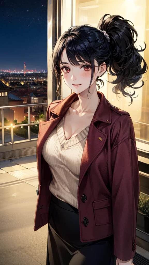 (masterpiece:1.3, Highest quality), (Realistic, photoRealistic:1.4), Beautiful illustrations, (Natural Side Lighting, Cinema Lighting), ,
View your viewers, 1 Girl, Japanese, 30 years old,Perfect Face, Cute and symmetrical face, Shiny skin,
(Side Ponytail, Black Hair), Brown eyes, Long eyelashes,
Beautiful Hair, Beautiful Face, Beautiful attention to detail, Beautiful clavicle, Beautiful body, Beautiful breasts, Large Breasts,Beautiful thighs, Beautiful feet, Beautiful fingers, Slim body、
Bordeaux sweater:1.3, ((Bordeaux sweater, 開いた茶色のcoat)), coat, Black long skirt,
(Beautiful views), (night), (city, cityscape in the distance)、 Standing, A soft smile、(Smile, Lips parted),