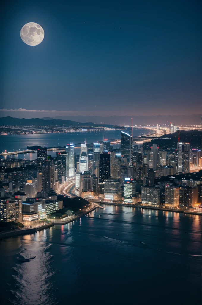 Seaside and big city night view、moon