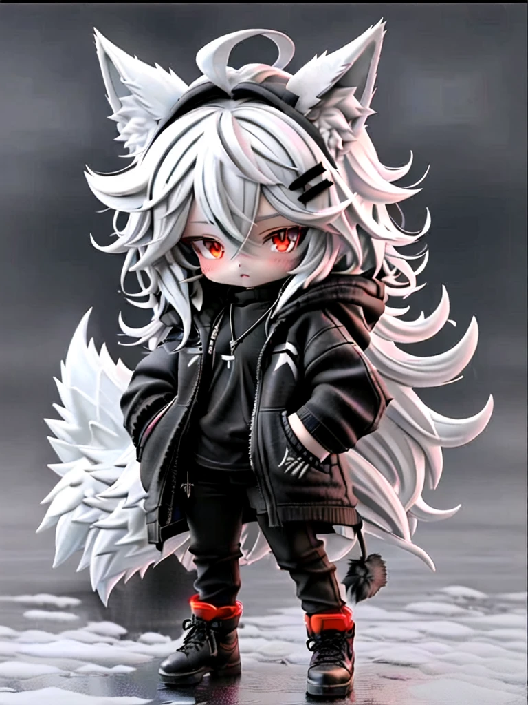 guchen,1girl,animal ears,red eyes,long hair,hairclip,black pants,black jacket,black footwear,open clothes,jewelry,standing,necklace,wolf tail,white hair,hood,hands in pockets,snow,hair between eyes,chibi,3D,