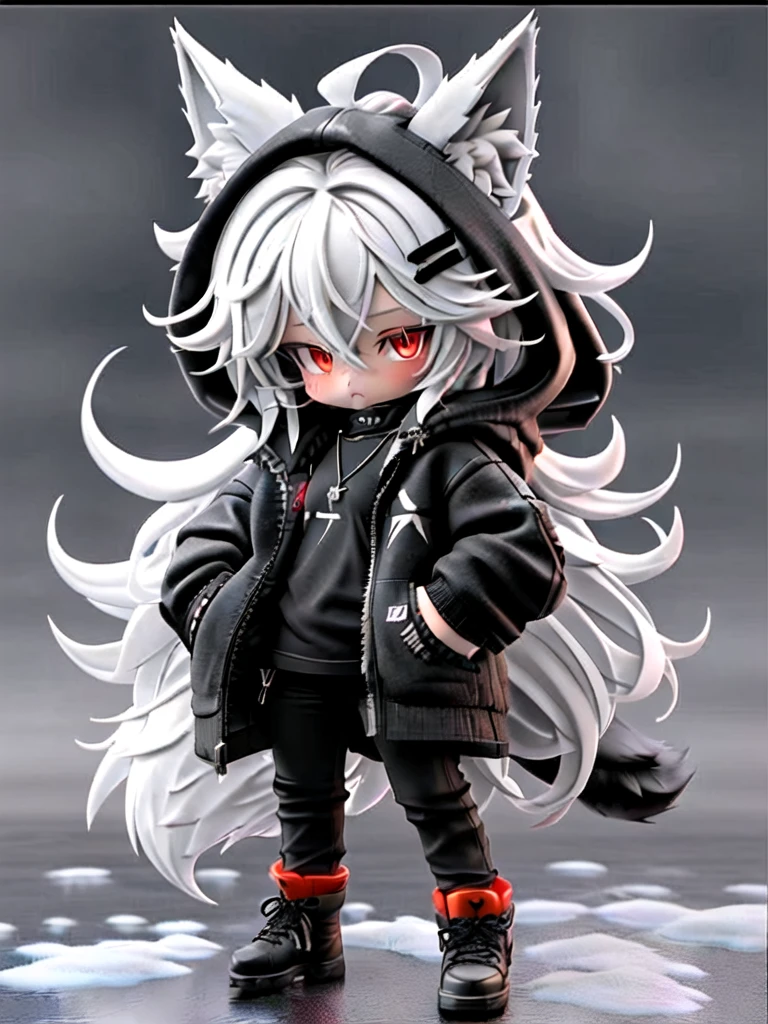 guchen,1girl,animal ears,red eyes,long hair,hairclip,black pants,black jacket,black footwear,open clothes,jewelry,standing,necklace,wolf tail,white hair,hood,hands in pockets,snow,hair between eyes,chibi,3D,
