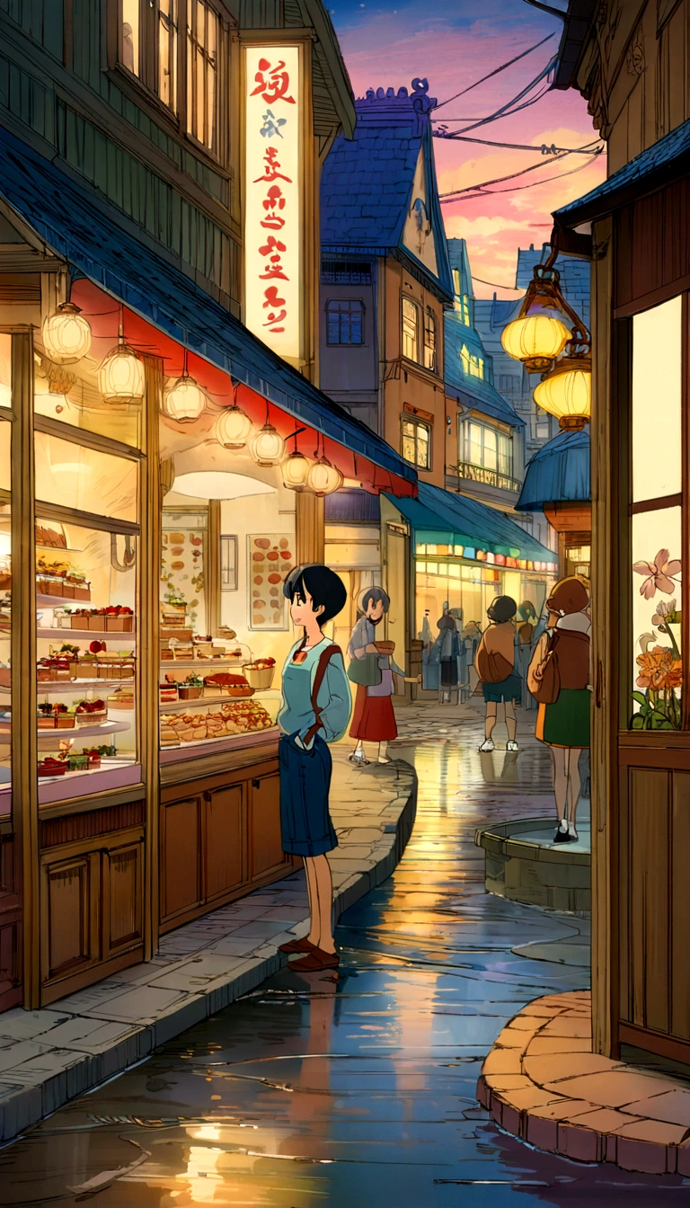 City flower shop, potted plant, flower, Rainy night,Water surface reflection puddle,Oriental design, Pendant lamp , Digital Painting, sunset,Wind up,Concept Art, figure, complicated, Many people々, Pendant lamp, Happy, Beautiful colorful lights, flower, plant ((Tilset)) Anime - city street style scene, Woman waiting in front of store, Anime Background Art, Detailed Landscape - Width 672, Anime scenery Concept Art, Anime-style streetscape, Studio Ghibli Anime Style, Studio Ghibli art style, Studio Ghibli Program, Anime scenery, Studio Ghibli art style, Landscape painting, Beautiful Anime scenery, Forest Street, Ghibli art style, Cake shop, Cake shop, bakery Cake shop, Makoto Shinkai style, Makoto Shinkai anime, Makoto Shinkai's art style