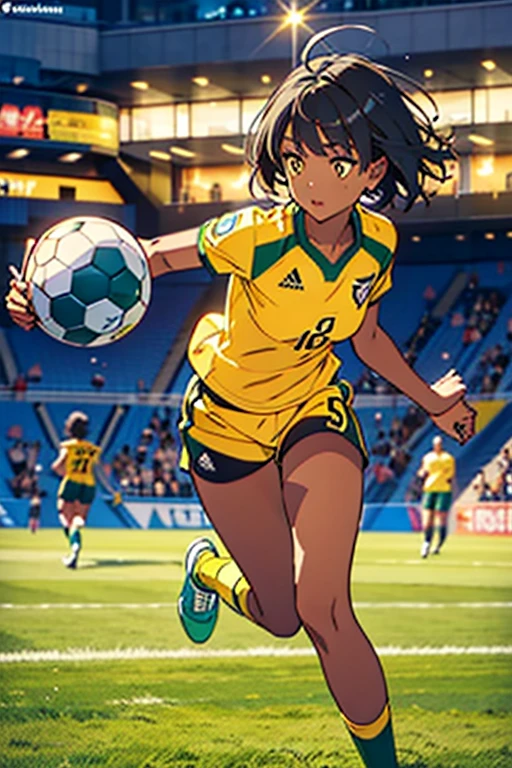 masterpiece, best quality, dark skin, short hair, yellow eyes, black hair, beautiful girl, thin, full body, plan boobs, short boobs, small boobs , short chest, big butt, wide thigh, green soccer jersey kit, playing soccer, running with the soccer ball