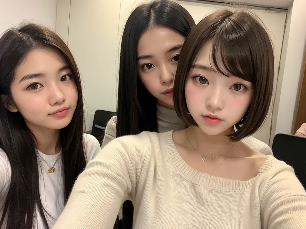 Indonesian girl 17-year-old  Hairstyle Casual, F Cup Breasts  wearing crewneck dress    and selfie with her friend at class 