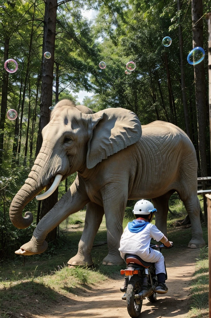 A  boy ride with on beautiful white elephant and other animals with bubbles lihgt background in forest 