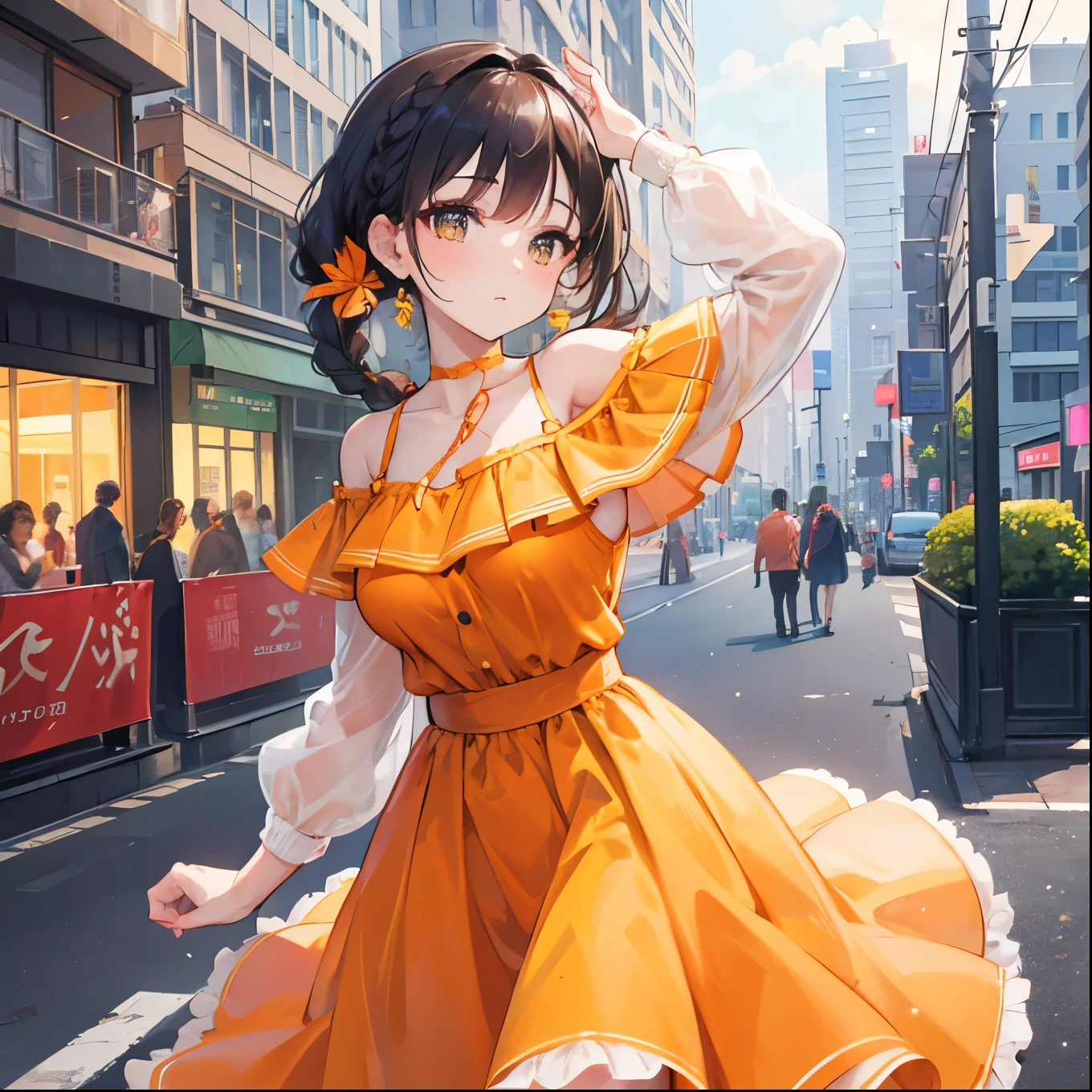 a woman posing on the street corner with orange dress on, best quality, 1girl, large breast, day, bright, blur background, bokeh, outdoor, (street:0.8), (people, crowds:0.8), (off-shoulder dress:1.2), gorgeous, (braided bangs:1.2), beautiful detailed sky, (dynamic pose:1.2), soft lighting, wind, shiny skin, (upper body:0.8), (freckles:0.8), mole under mouth,