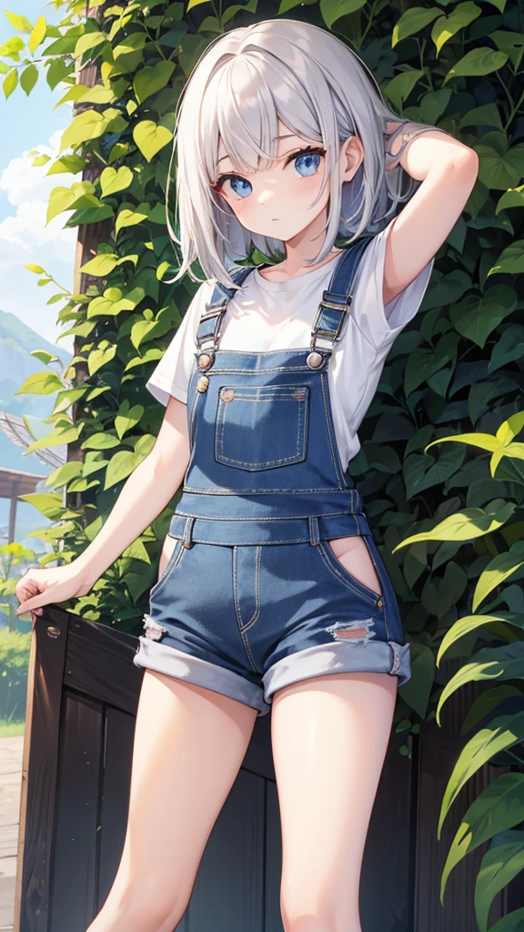 Uma mulher, cabelo curto volumoso, olhos azuis, overalls, pelada, overalls repartindo a buceta, olhar sedutor, seios a mostra