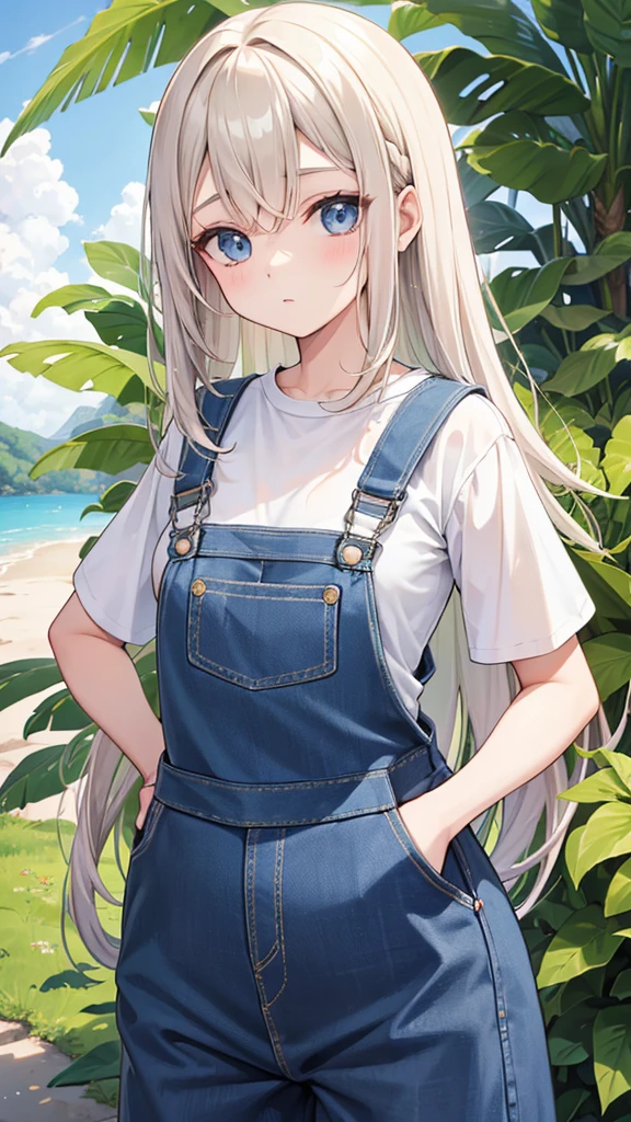 Uma mulher, cabelo curto volumoso, olhos azuis, overalls, pelada, overalls repartindo a buceta, olhar sedutor, seios a mostra