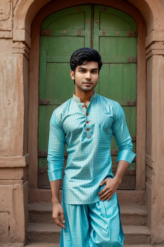 AI generated image of Varun, age 19, dressed in a dhoti kurta with 'Varun' printed on the kurta, depicting a young boy."


