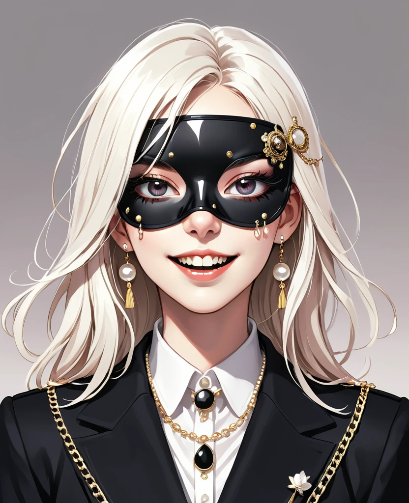 (Digital Illustration,Detailed anime style,Pearl tassel eye mask,Portrait of girl wearing mask eye patch,Solitary,symmetry),(Big colorful eyes,Fashionable and exquisite facial features,Exquisite makeup,Smooth skin,laughing out loud,Fangs,Soulful gaze,),(Straight Hair,Hairpin),(Black suit,Epaulettes-Chain,cool,),Clean and simple white background,(((Correct human anatomy)))