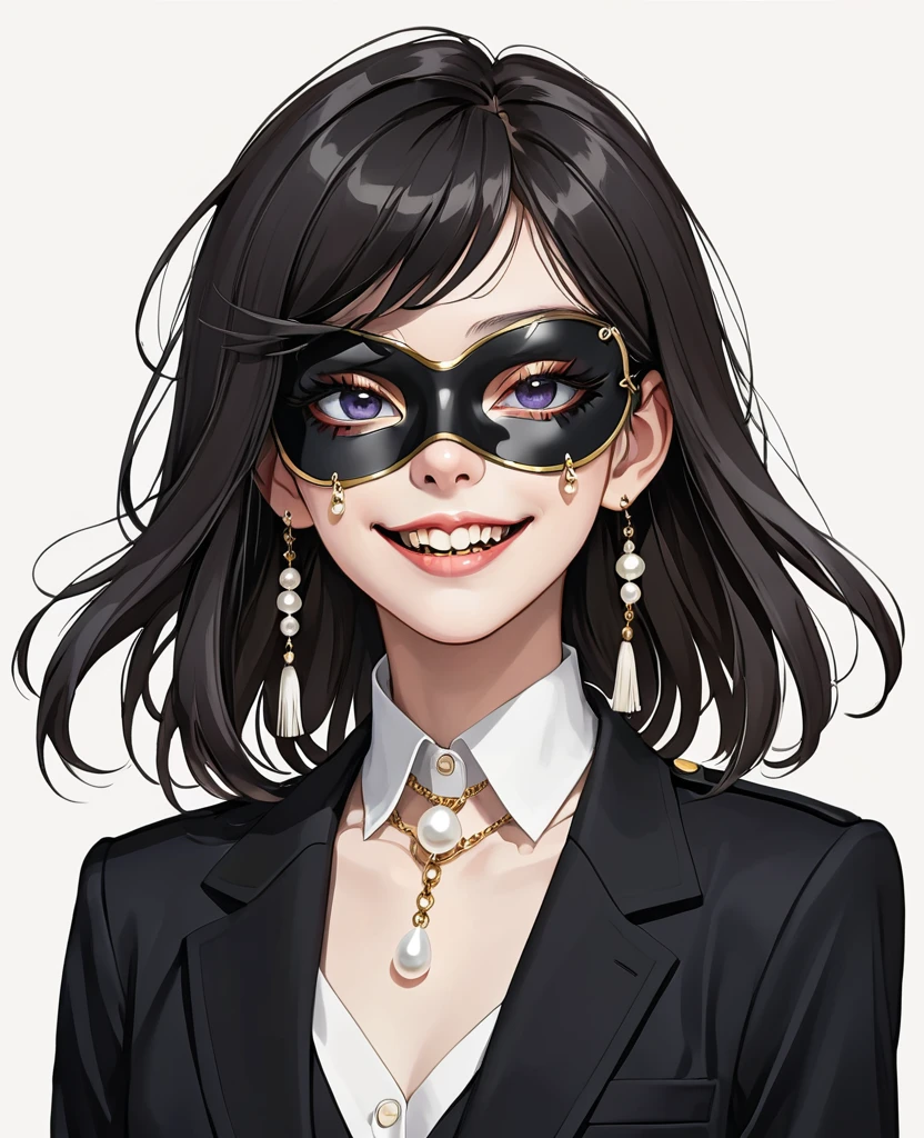 (Digital Illustration,Detailed anime style,Pearl tassel eye mask,Portrait of girl wearing mask eye patch,Solitary,symmetry),(Big colorful eyes,Fashionable and exquisite facial features,Exquisite makeup,Smooth skin,laughing out loud,Fangs,Soulful gaze,),(Straight Hair,Hairpin),(Black suit,Epaulettes-Chain,cool,),Clean and simple white background,(((Correct human anatomy)))