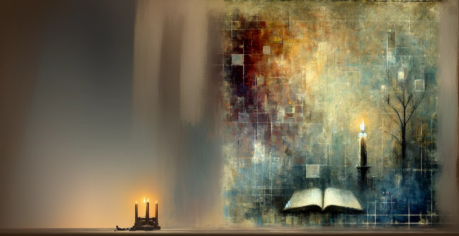 Picture of a book and a candle on a wooden table, In-depth knowledge, Breathtaking art, By Grzegorz Rutkowski, By Ludwig Konaszewski, Mysterious setting, Magical Scene, magical composition, read, Kurt Loesch, Breathtaking composition, Choi Book, magical realism painting, Ishak Holtz, Jean Sauca
