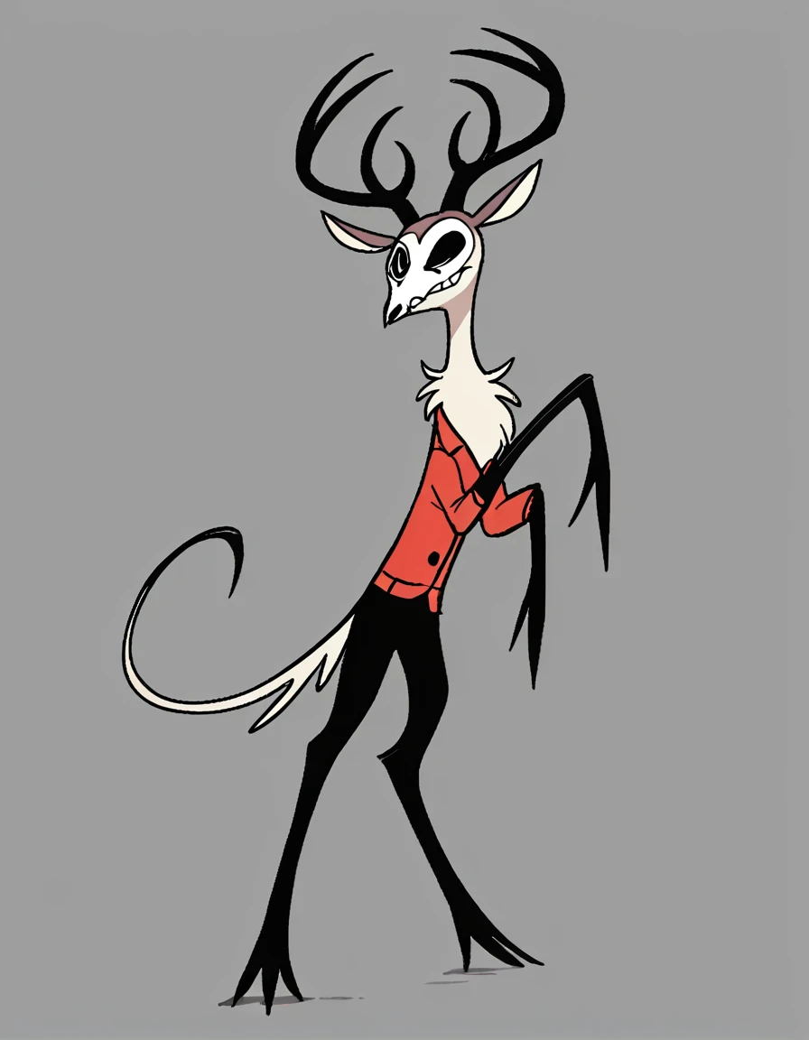 ,stkyswt, zPDXL, score_9, score_8_up, score_7_up, source_anime, BREAK sketch, flat color, 1guy, solo, black eyes, vivziepop, feral, wendigo, male wendigo, helluva boss, full body, lineart, bipedal, skull face