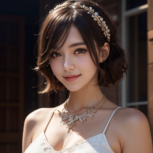 German, Beauty, Smile, Wear a short skirt, best quality, masterpiece, Hair accessories, necklace, Jewelry, Pretty Face, Physically, Tyndall effect, Practical, Side lighting, Two-color lighting, (High Detail Skin: 1.2), 8K UHD, Digital SLR Camera, Soft Light, high quality, Volumetric Light, frank,