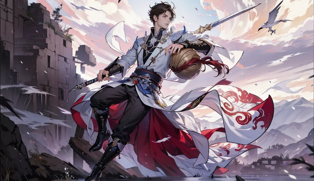 Anime com cores muito vivas, linhas sombras e cores bem definidas, um close up de uma pessoa segurando uma espada e um porongo, por Yang J, Heise Jinyao, keqing do impacto genshin, zhongli do impacto genshin, cai xukun, arte oficial, mobile wallpaper, handsome guy in demon slayer art, brown hair, inspired por Yang Jin, Qi Yang, inspirado em Huang Shen, olchas logan cura liang xing
