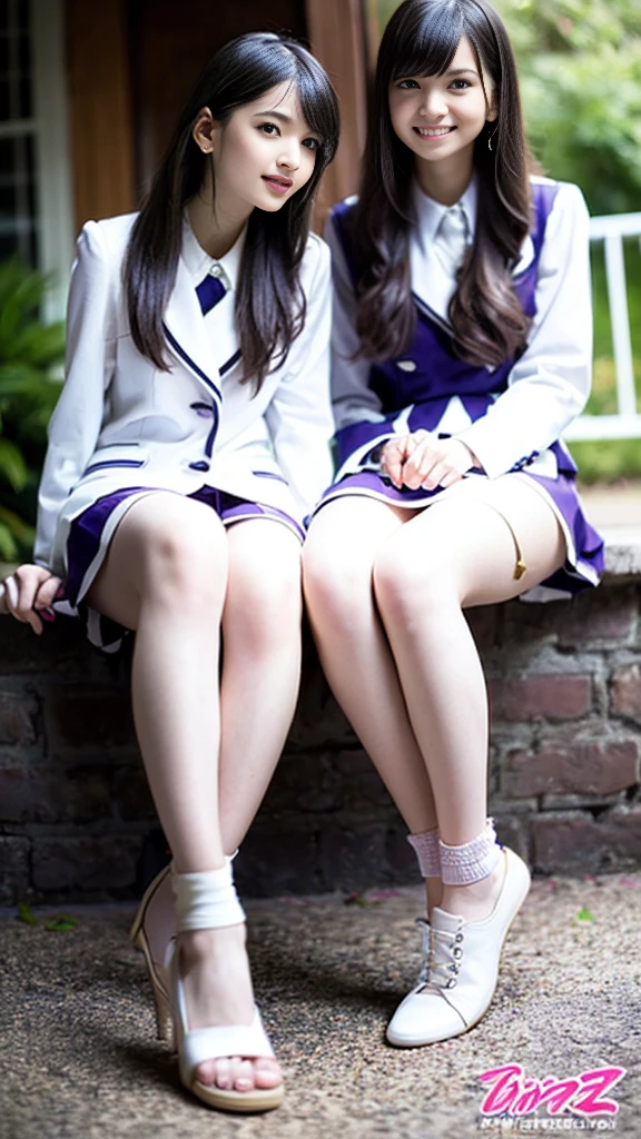 (A naked girl squatting and showing off her pussy)、(The girl has her legs spread wide:1.9)、Front low angle:1.5、(White blazer uniform、White and purple pleated skirt)、(Focus on the pussy)、(sharpen the pussy)、((Highest quality)), (Super detailed), (8k ),Raw color photography, Professional photography, Great face and eyes, Skinny、Model Style、Outdoor、Natural light:1.4、(Light hits pussy)、Blonde Hair、Mesh Color、Small breasts:1.3、Earrings、Hands on cheeks、Thin thighs、smile、