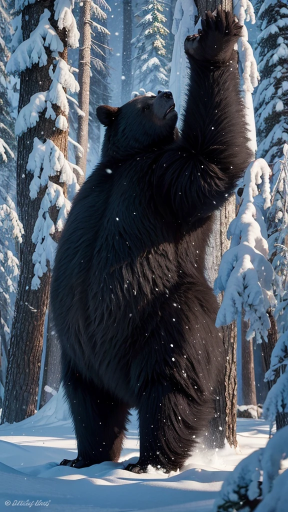 A black bear is angry in the winter forest., big bear, tree, snow
