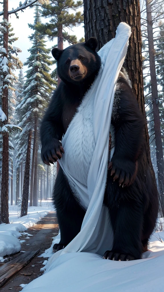 A black bear is angry in the winter forest., big bear, tree, snow