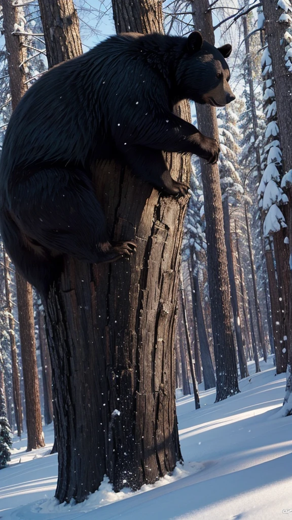 A black bear is angry in the winter forest., big bear, tree, snow