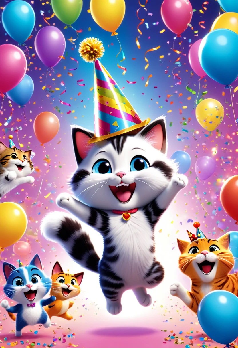 "Nyaro-me, the playful cat character with a wide smile, at a vibrant party. He's wearing a party hat, holding a balloon, and dancing with other whimsical animal characters. The background is filled with confetti, streamers, and a big 'Happy Birthday' banner."