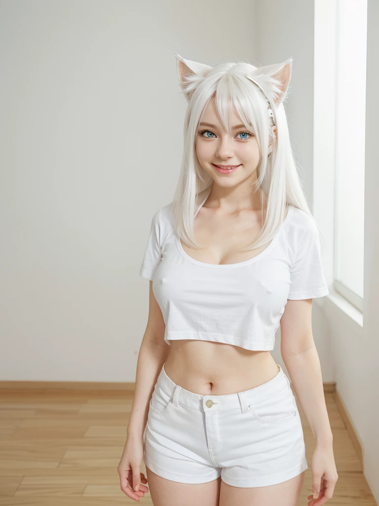 medium length white hair and white cat ears white t-shirt blue shortsblue eyes smile on face tail behind medium size breasts girl anime