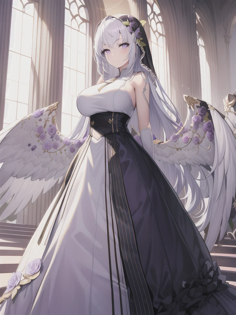 A girl，long hair, Bangs, White hair, Hair between the eyes, (Purple Eyes:1.5),  (Large Breasts:1.2), 
rest  锁骨, Wedding dress，veil，wedding，White dress，Flowers，Broken skirt，White socks，Tights，White knee socks，
looking at viewer, whole body,
indoors, church，Standing，Standing，
rest (masterpiece:1.2), best quality, high resolution, Unity 8k Wallpaper, (illustration:0.8), (Beautiful and delicate eyes:1.6), Extremely detailed face, Perfect lighting, Extremely detailed CG, (Perfect hands, Perfect anatomical structure),