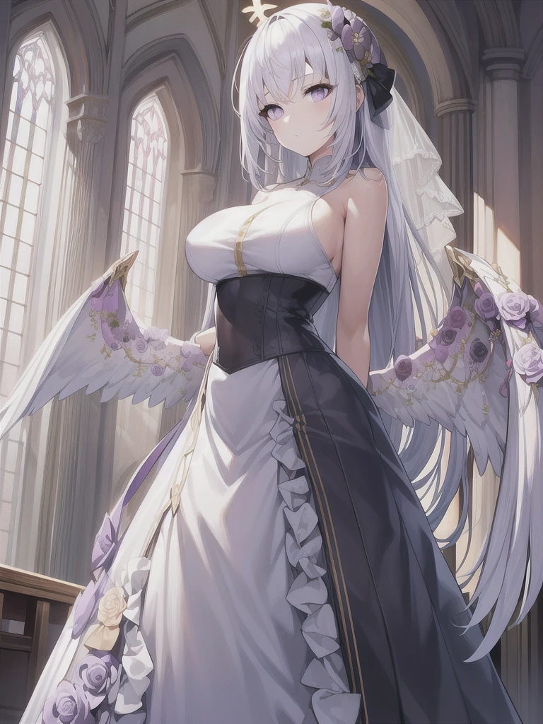 A girl，long hair, Bangs, White hair, Hair between the eyes, (Purple Eyes:1.5),  (Large Breasts:1.2), 
rest  锁骨, Wedding dress，veil，wedding，White dress，Flowers，Broken skirt，White socks，Tights，White knee socks，
looking at viewer, whole body,
indoors, church，Standing，Standing，
rest (masterpiece:1.2), best quality, high resolution, Unity 8k Wallpaper, (illustration:0.8), (Beautiful and delicate eyes:1.6), Extremely detailed face, Perfect lighting, Extremely detailed CG, (Perfect hands, Perfect anatomical structure),