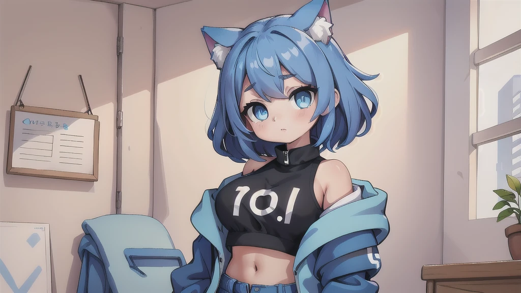 masterpiece:1.2, high quality, 最high quality, be familiar with_background,indoors,High resolution,there is nothing (solution 1988),black Jacket,Upper body,open clothes,disorganized,blue eyes,open Jacket,gradient background,looking at the viewer,play sports often,1 girl,short hair,bare shoulders,alone,animal ears,blue hair,Jacket,crop top,off shoulder,head tilt,Cat ear,big breast