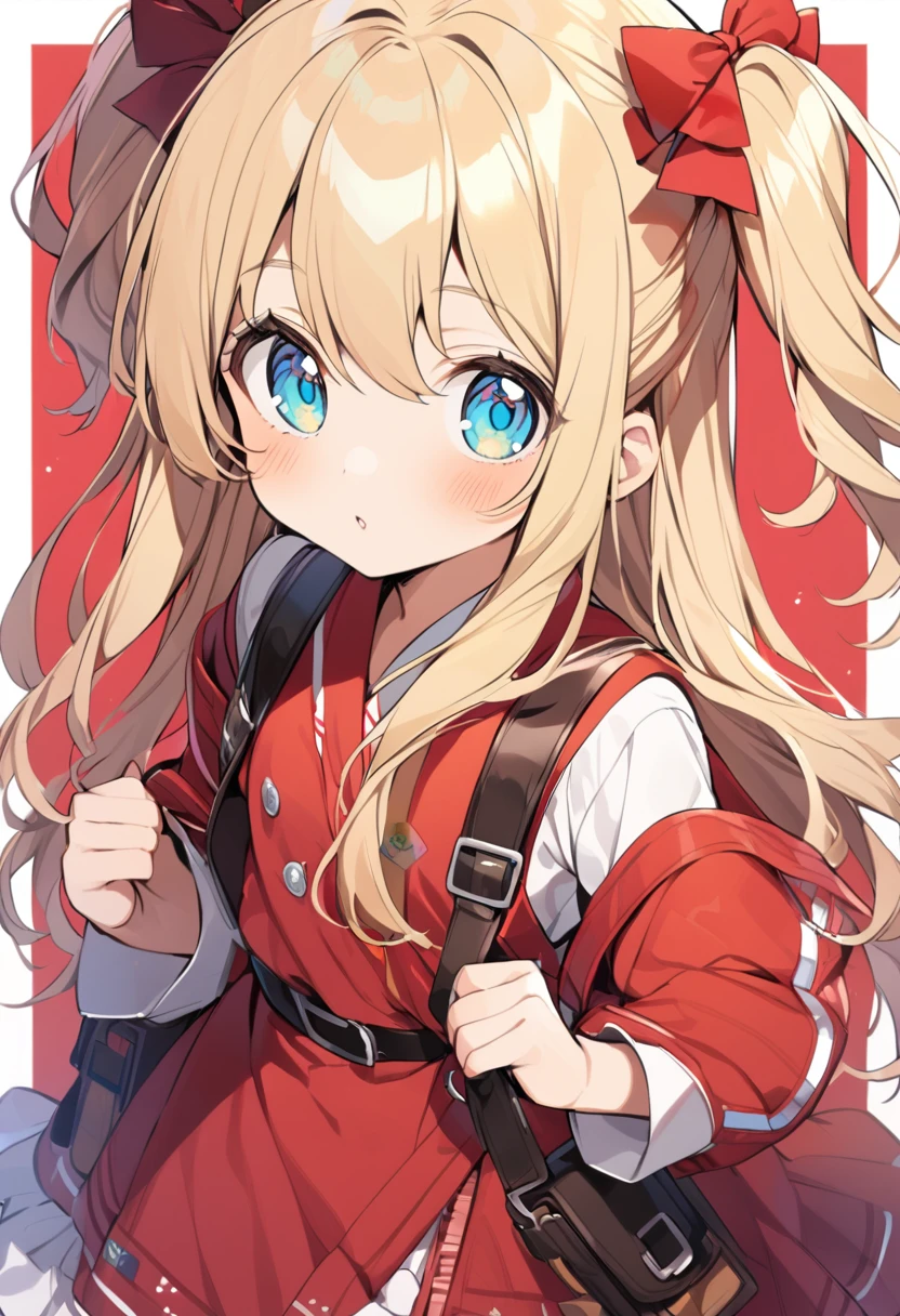 1girl 10 years old,two side up,long hair,blonde hair,turquoise eyes,red backpask,randoseru