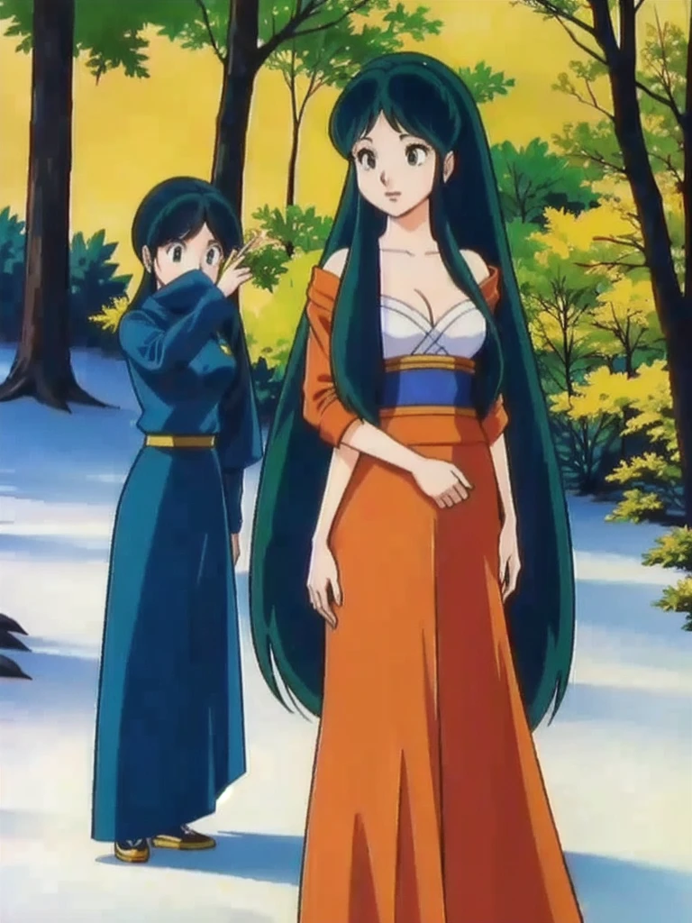 (Realistic:1.5) full body mujer de pelo largo, rubio claro, puntas de su pelo verdes, ojos verdes bare bust and skirt but with a Japanese obi with a forest background