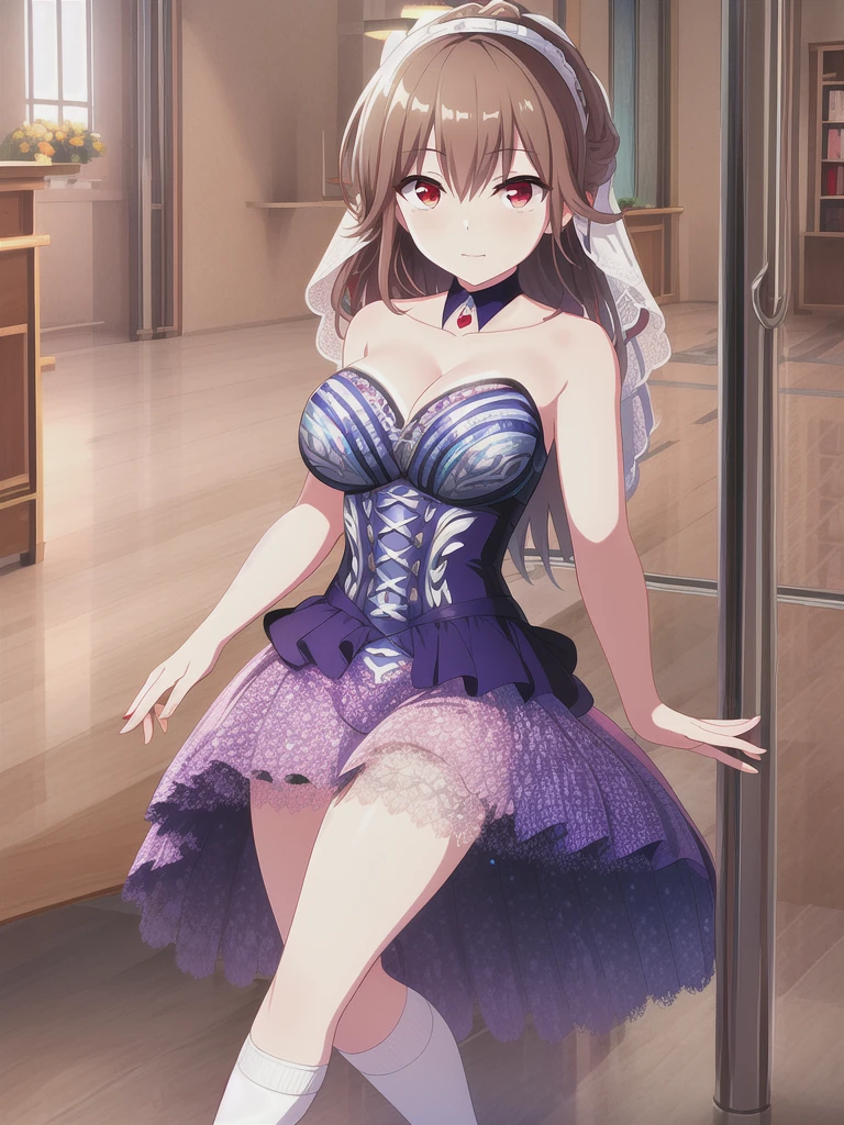 A girl，long hair, Bangs, Orange hair, Hair between the eyes, (Red eyes:1.5),  (Large Breasts:1.2), 
rest  锁骨, Wedding dress，veil，wedding，White dress，Flowers，Broken skirt，White socks，Tights，White knee socks，
looking at viewer, whole body,
indoors, church，Standing，Standing，
rest (masterpiece:1.2), best quality, high resolution, Unity 8k Wallpaper, (illustration:0.8), (Beautiful and delicate eyes:1.6), Extremely detailed face, Perfect lighting, Extremely detailed CG, (Perfect hands, Perfect anatomical structure),