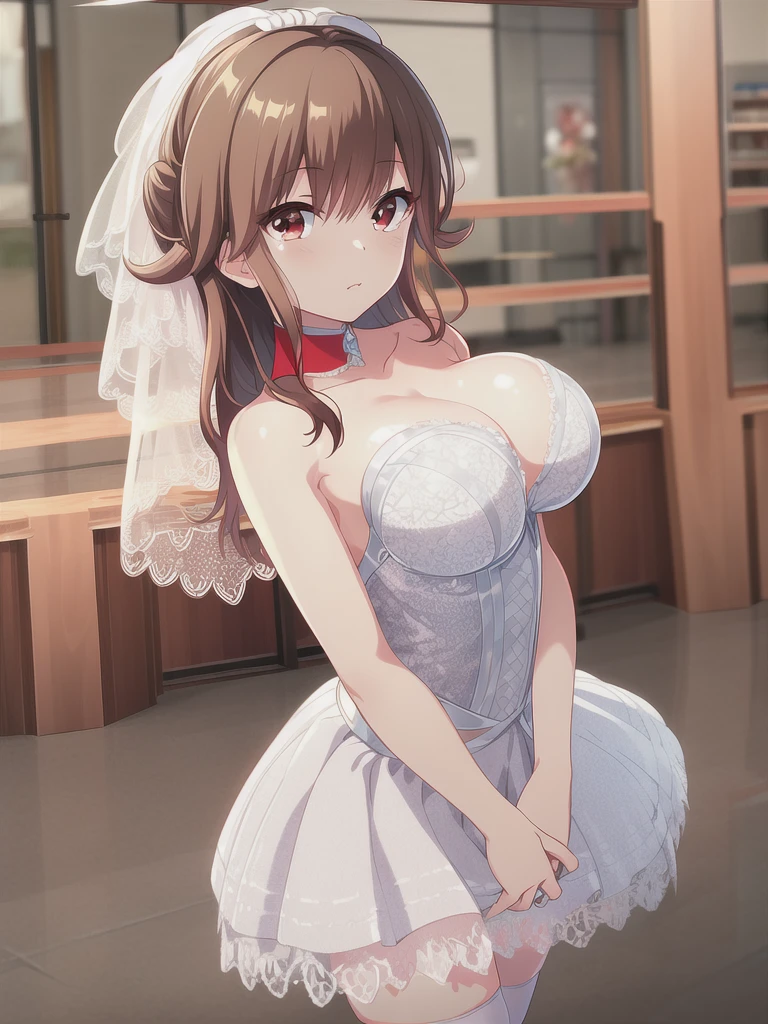 A girl,long hair, Bangs, Orange hair, Hair between the eyes, (Red eyes:1.5), (Large Breasts:1.2),
rest 锁骨, Wedding dress,veil,wedding,White dress,Flowers,Broken skirt,White socks,Tights,White knee socks,
looking at viewer, whole body,
indoors, church,Standing,Standing,
rest (masterpiece:1.2), best quality, high resolution, Unity 8k Wallpaper, (illustration:0.8), (Beautiful and delicate eyes:1.6), Extremely detailed face, Perfect lighting, Extremely detailed CG, (Perfect hands, Perfect anatomical structure),