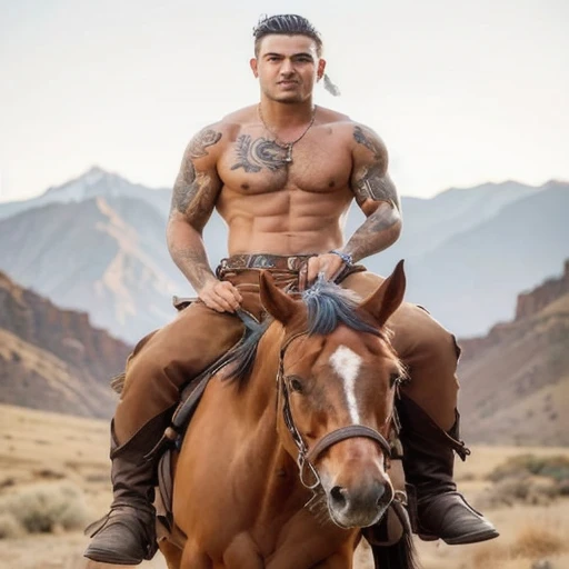 arafed man with tattoos on his chest ride a horse, ride a horse, on horseback, ride a horse, ride a horse, Shirtless Cowboy Tarot Card, 🐎🍑, คนride a horse, Mexican Vaquero, human torso on horseback body, horse on top, Saddle Up, Maxim Sukarev, Rafael Pernaz