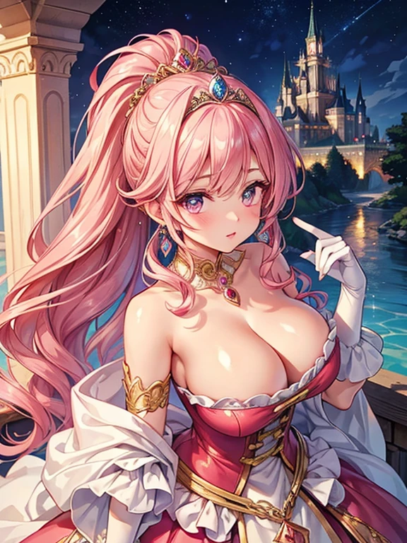 best quality ,very aesthetic ,looking up ,upper body ,from above ,A young-looking princess ,Beautiful eyes like jewels ,Embarrassed look ,A seductive face ,Beautiful Lips ,(Pink Hair ,Fluffy ponytail ,Curly Hair ,Expressive hair) ,A silver tiara with glittering ornaments and sparkling jewels ,Crystal earrings with glittering gold embellishments ,A very luxurious jeweled hair ornament ,A gorgeous, lustrous, glossy, rococo ball gown in a gorgeous pink with a voluminous full-length hoop skirt with frills and beautiful embroidery., Silk gloves ,Open chest ,Textured skin ,Emphasized cleavage ,Huge boobs ,Big Breasts ,Nipples ,The tip of the index finger of the right hand is placed on the lips ,(Fantasy Castle,Outdoor,Outside the castle),