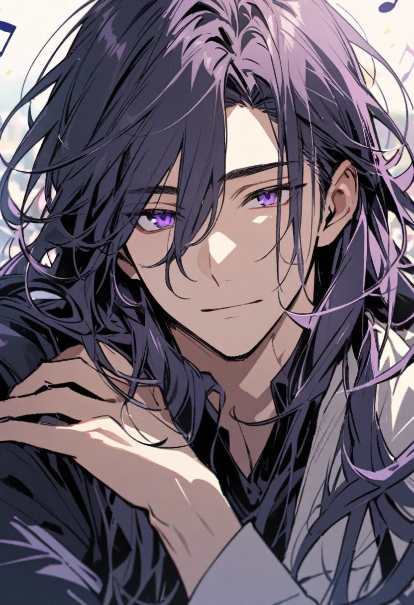 male, handsome, parted bang, long hair, navy hair, musician, purple eyes, music notes, main face, front face, relaxing face