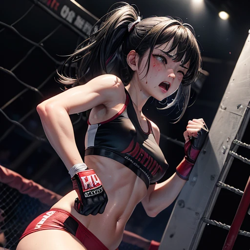 They are covered in blood. Small breasts. Intense violence. The opponent's fists are digging into her body. They are glaring at each other. The opponent's face is contorted by her punch. Dynamic action. She is suffering. She is cornered in a wire net and severely beaten by her opponent. She is wearing a sports bra and high-leg panties. Her opponent tries to kill her with a powerful punch. they are exhausted. so many young and beautiful Japanese mixed martial artists are fighting in the octagon. They are pounding their fists into their opponents' bodies. They are open-mouthed, drooling, one eye closed, gasping for breath. They are sweating profusely. Short-cut black hair. Open-fingered gloves. Erect nipples.
