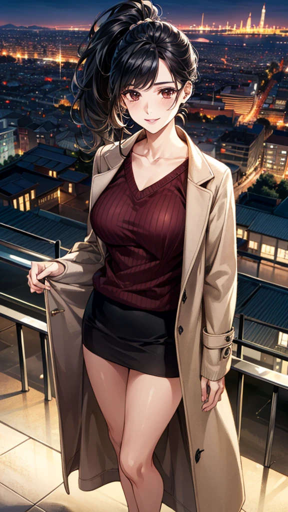 (masterpiece:1.3, Highest quality), (Realistic, photoRealistic:1.4), Beautiful illustrations, (Natural Side Lighting, Cinema Lighting), ,
Bordeaux sweater:1.3, ((Bordeaux sweater, 開いた茶色のcoat)), coat, Black long skirt,
View your viewers, 1 Girl, Japanese, 30 years old,Perfect Face, Cute and symmetrical face, Shiny skin,
(Side Ponytail, Black Hair), Brown eyes, Long eyelashes,
Beautiful Hair, Beautiful Face, Beautiful attention to detail, Beautiful clavicle, Beautiful body, Beautiful breasts, Large Breasts,Beautiful thighs, Beautiful feet, Beautiful fingers, Slim body、
(Beautiful views), (night), (city, cityscape in the distance)、 Standing, A soft smile、(Smile, Lips parted),