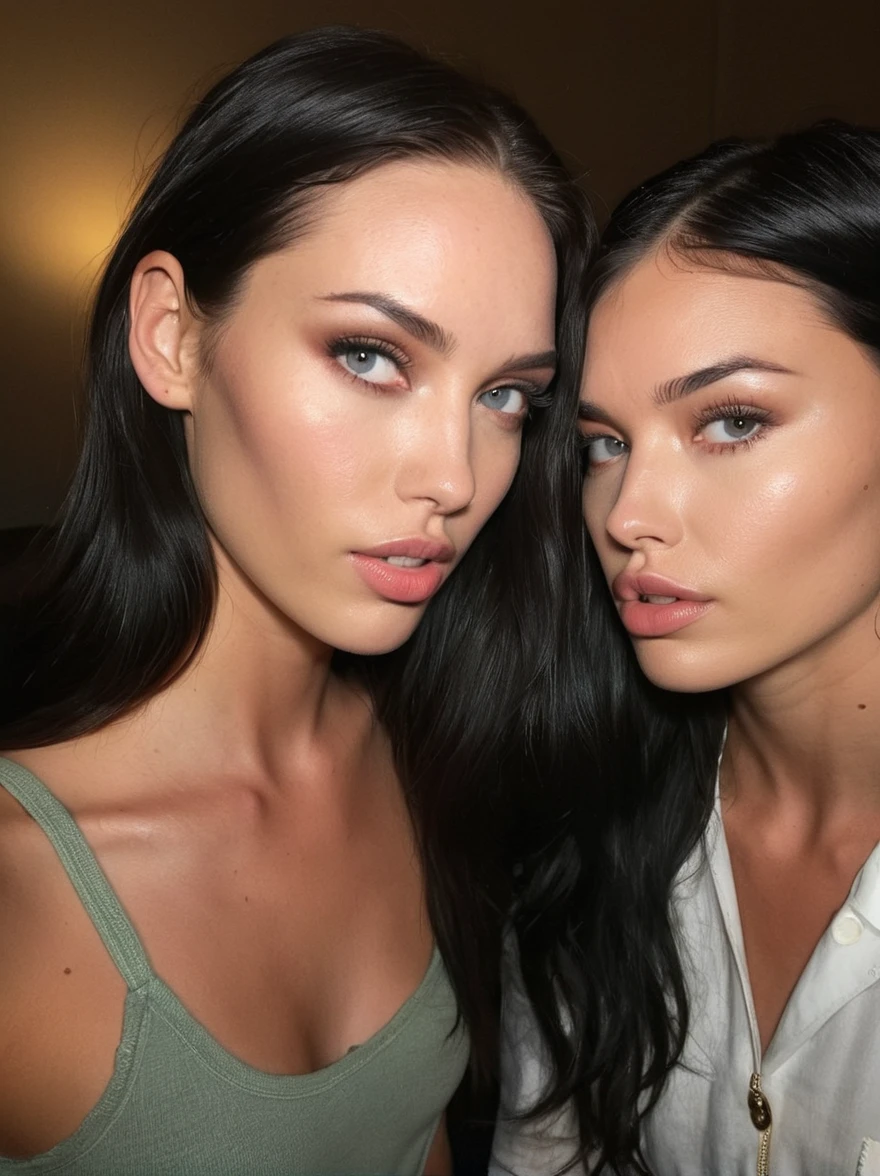a realistic instagram photo of a [ really beautiful exotic androgynous supermodel 19 year old woman] , with [long, dark hair] , looks like [Megan FOX] and [Adriana Lima], light makeup, looking [innocent, cute, flushed] , with her friend, look different [light] skin --ar 9:16 --stylize 750 --v 6