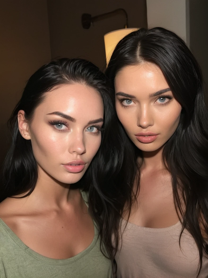 a realistic instagram photo of a [ really beautiful exotic androgynous supermodel 19 year old woman] , with [long, dark hair] , looks like [Megan FOX] and [Adriana Lima], light makeup, looking [innocent, cute, flushed] , with her friend, look different [light] skin --ar 9:16 --stylize 750 --v 6