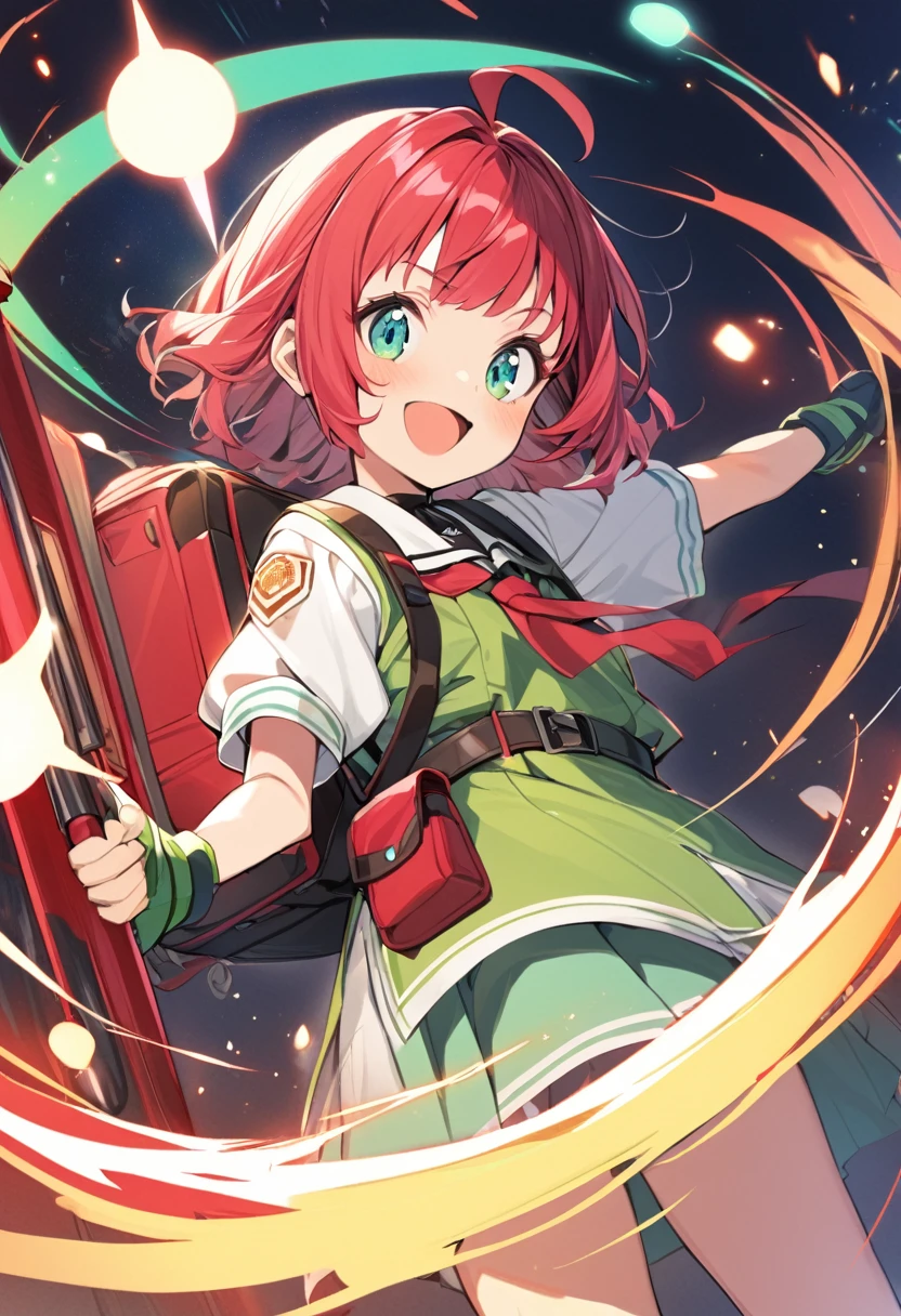 1girl 10 years old,rubyred hair,bowlcut hair,half circle ahoge,blue green eyes,red backpask, randoseru