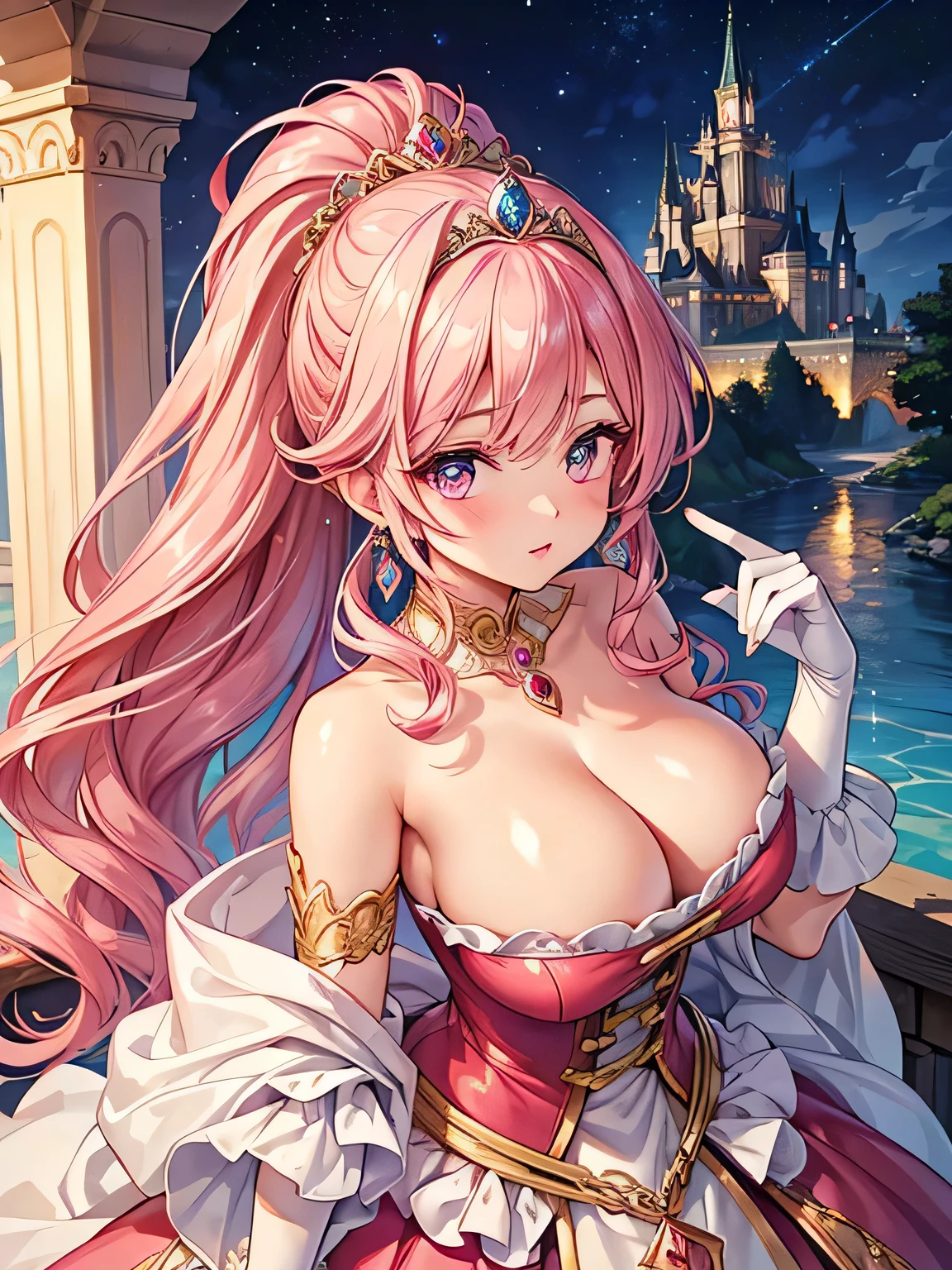 best quality ,very aesthetic ,looking up ,upper body ,from above ,A young-looking princess ,Beautiful eyes like jewels ,Embarrassed look ,A seductive face ,Beautiful Lips ,(Pink Hair ,Fluffy ponytail ,Curly Hair ,Expressive hair) ,A silver tiara with glittering ornaments and sparkling jewels ,Crystal earrings with glittering gold embellishments ,A very luxurious jeweled hair ornament ,A gorgeous, lustrous, glossy, rococo ball gown in a gorgeous pink with a voluminous full-length hoop skirt with frills and beautiful embroidery., Silk gloves ,Open chest ,Textured skin ,Emphasized cleavage ,Huge boobs ,Big Breasts ,Nipples ,The tip of the index finger of the right hand is placed on the lips ,(Fantasy Castle,Outdoor,Outside the castle),