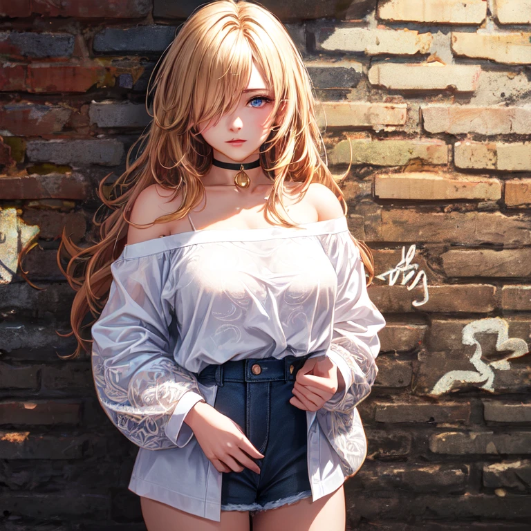 ultra realistic 8k cg, masterpiece, ((ultra detailed background, delicate pattern, intricate detail)), best quality, intricate details, chromatic aberration, 1girl, long hair, golden hair, messy hair, red highlights, hair over one eye, sharp eyes, choker, brick wall, graffiti, dim lighting, alley, oversized shirt,off shoulder, see through white shirt, Masterpiece, best quality