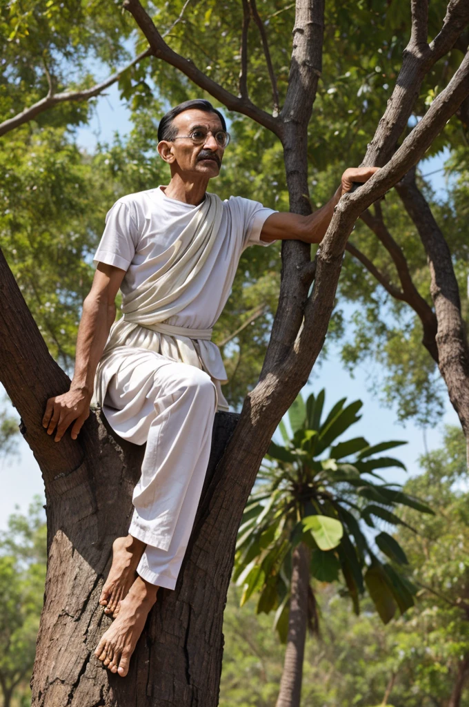 Mahatma gandhi climbing on the tree