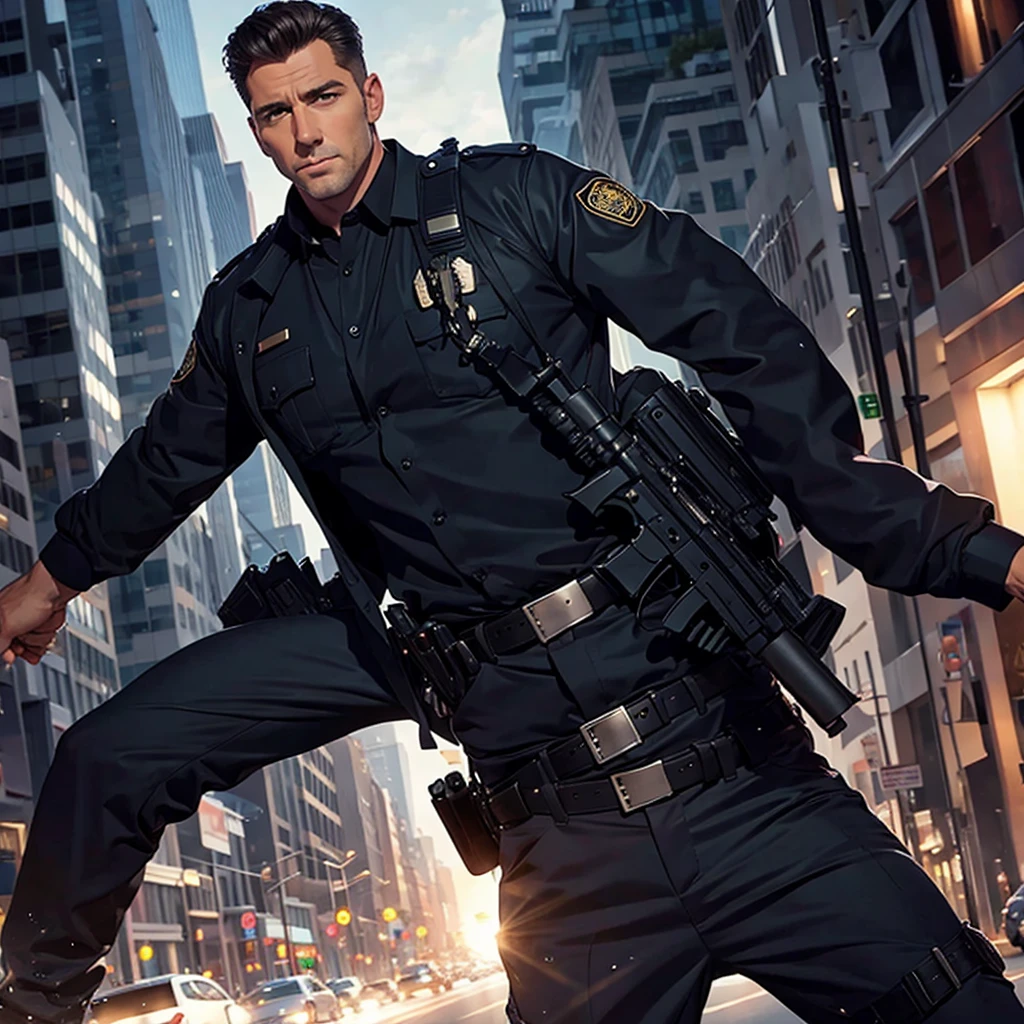 A handsome Police inspector holding his gun in active and cinematic style, perfect body shapes