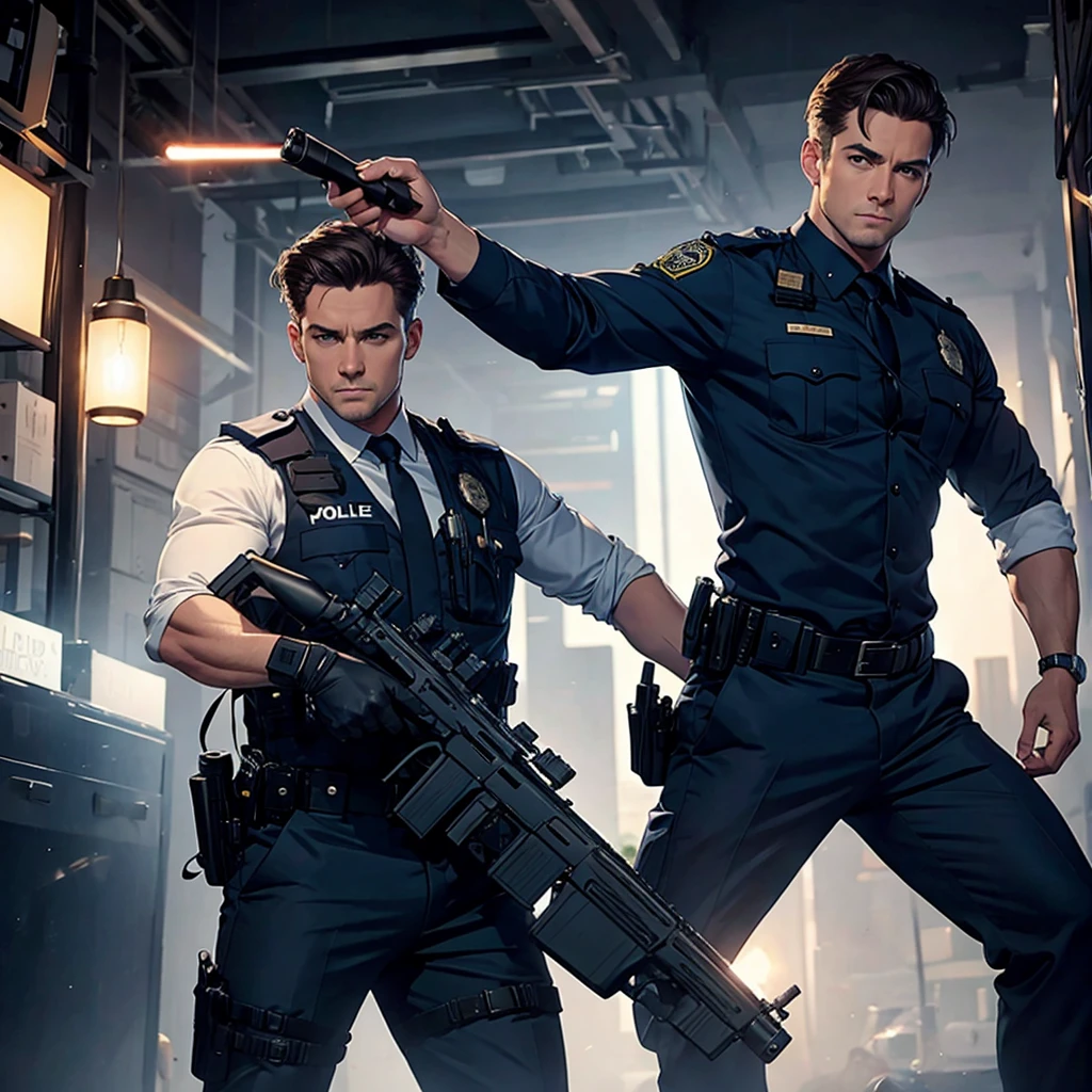 A handsome Police inspector holding his gun in active and cinematic style, perfect body shapes