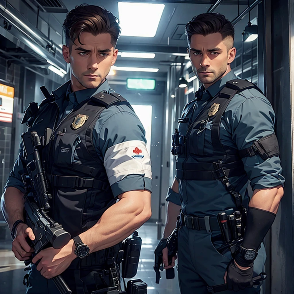A handsome Police inspector holding his gun in active and cinematic style, perfect body shapes