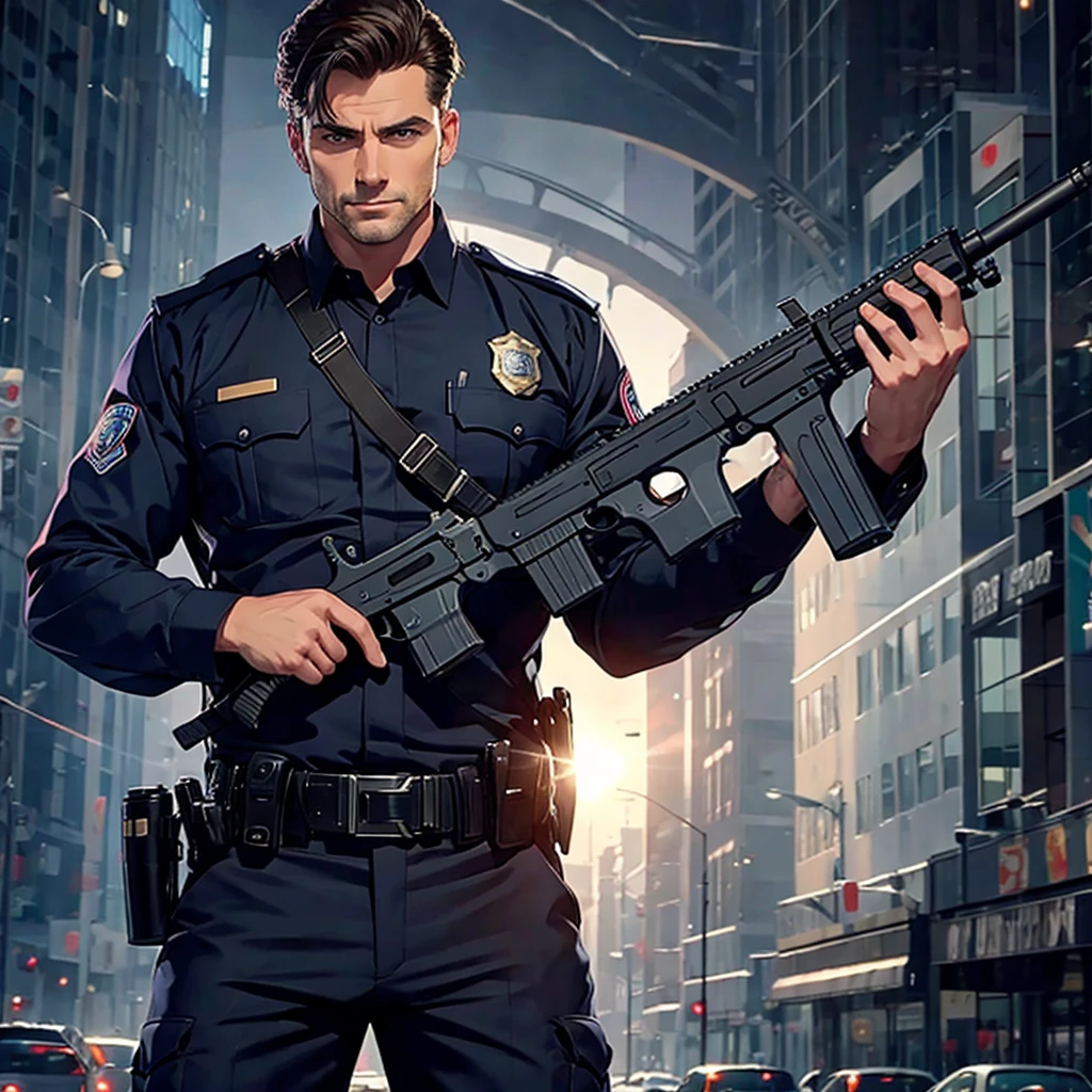 A handsome Police inspector holding his gun in active and cinematic style, perfect body shapes