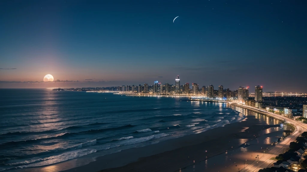 Seaside and big city night view、moon